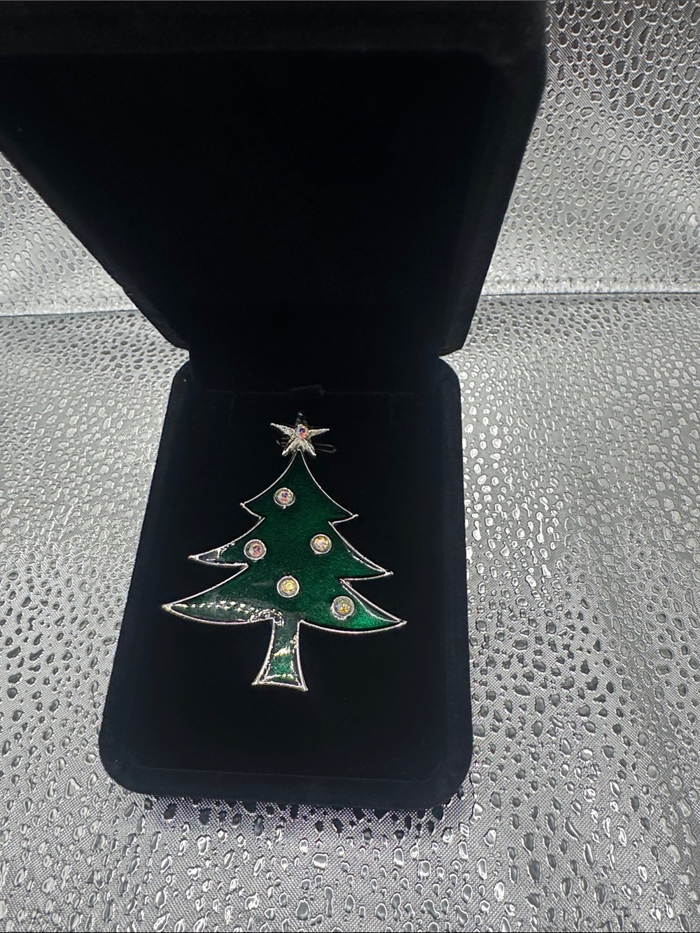 Lancer II brand Green Enamel Christmas Tree Brooch with Colored Rhinestones